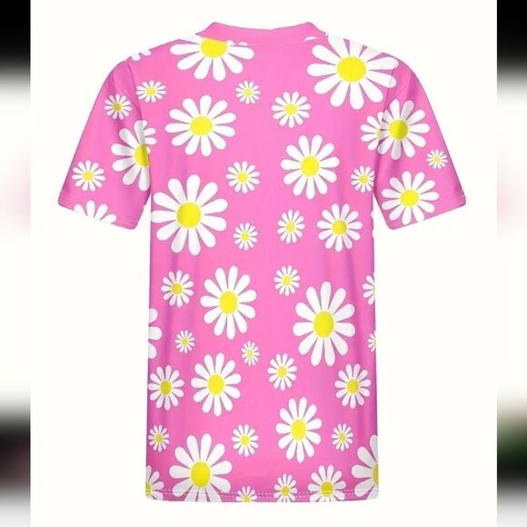 Pretty in Pink Daisy Print Crew Neck T-Shirt Sz 8/10 - Picture 2 of 3
